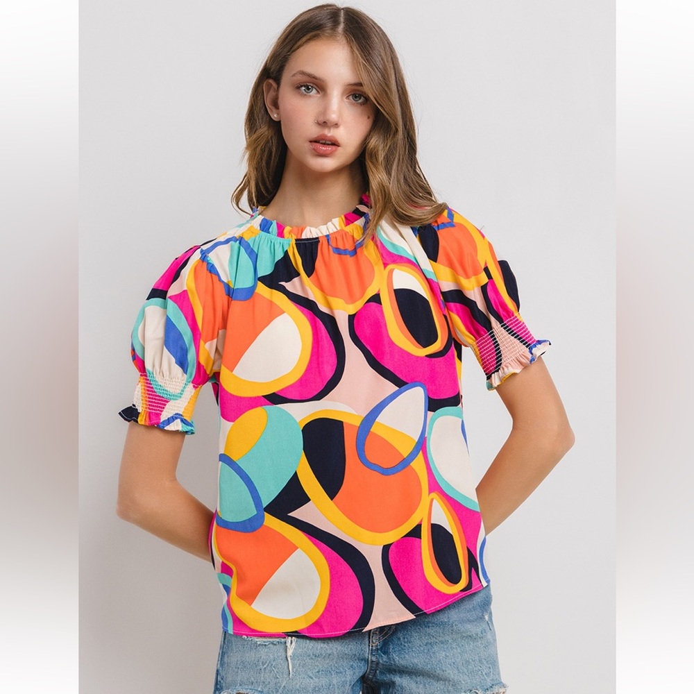 28 Boho Multi Color Print Puffed Sleeve Blouse Top